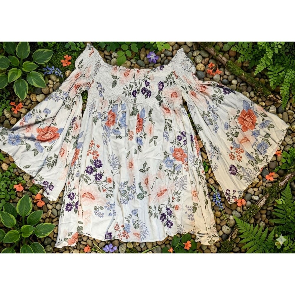 Women’s Off The Shoulder Floral Boho/Fairy/Whimsy/Romantic/Cottage Sz M - Picture 2 of 8